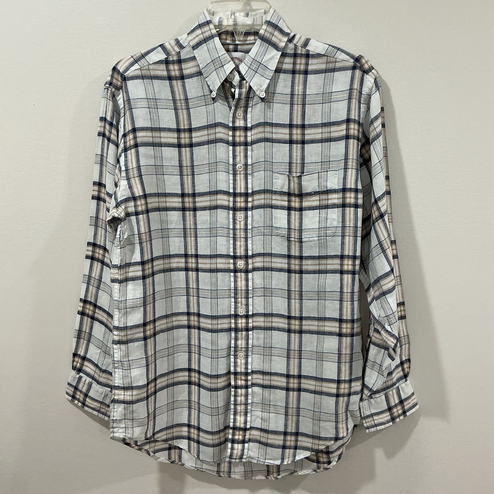 Brooks Brothers Madison Button Down Plaid 100% Irish Linen Wedding Size Small